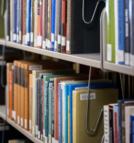 Books on a shelf in a library
